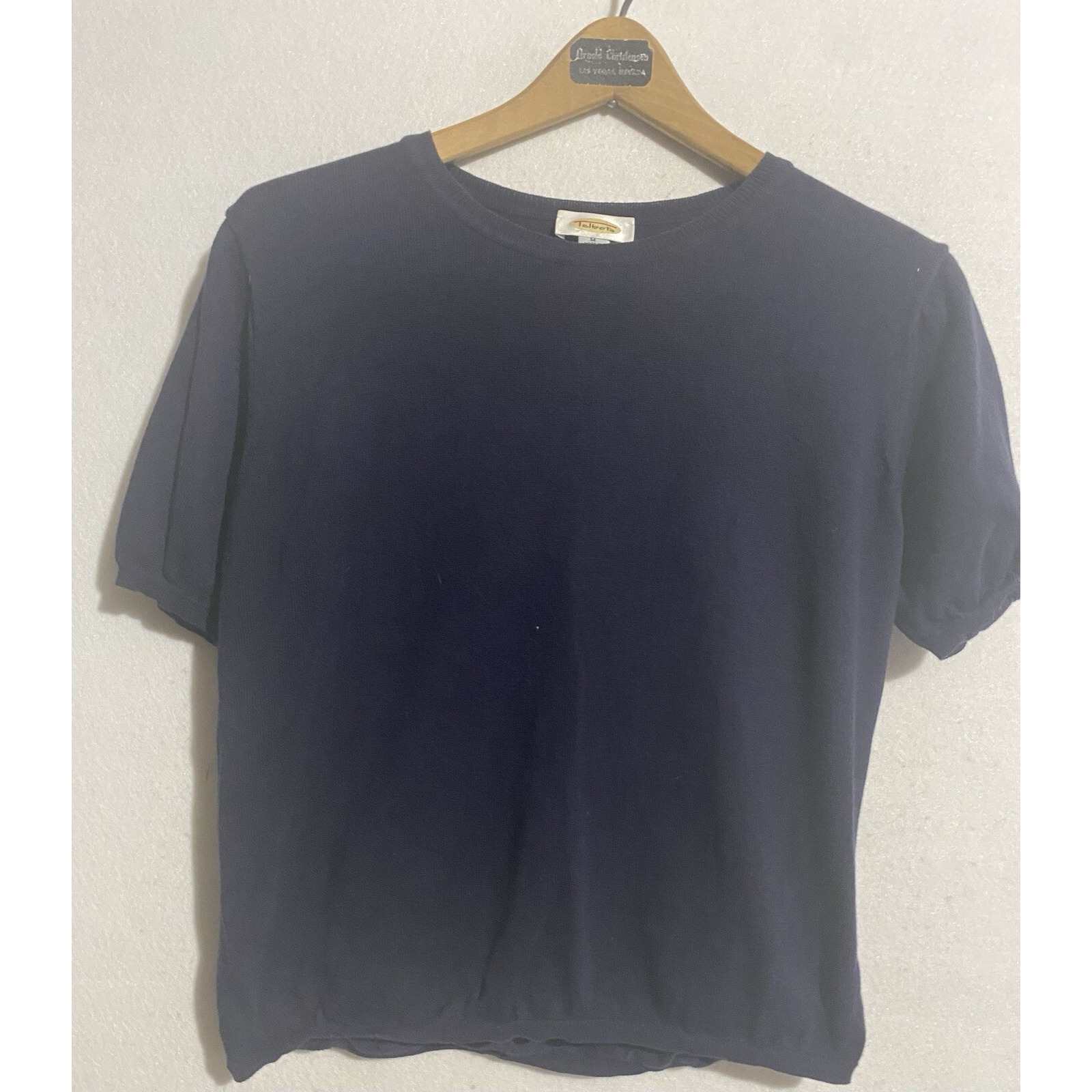 Talbots Womens Short Sleeve Sweater Navy Cotton Pullover Cable Knit Top Size M